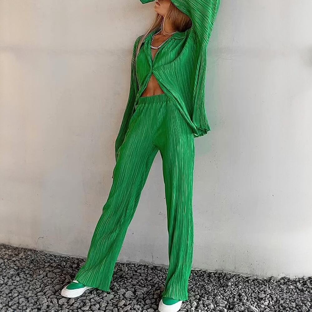 Green Pleated Two-Piece Set - Women